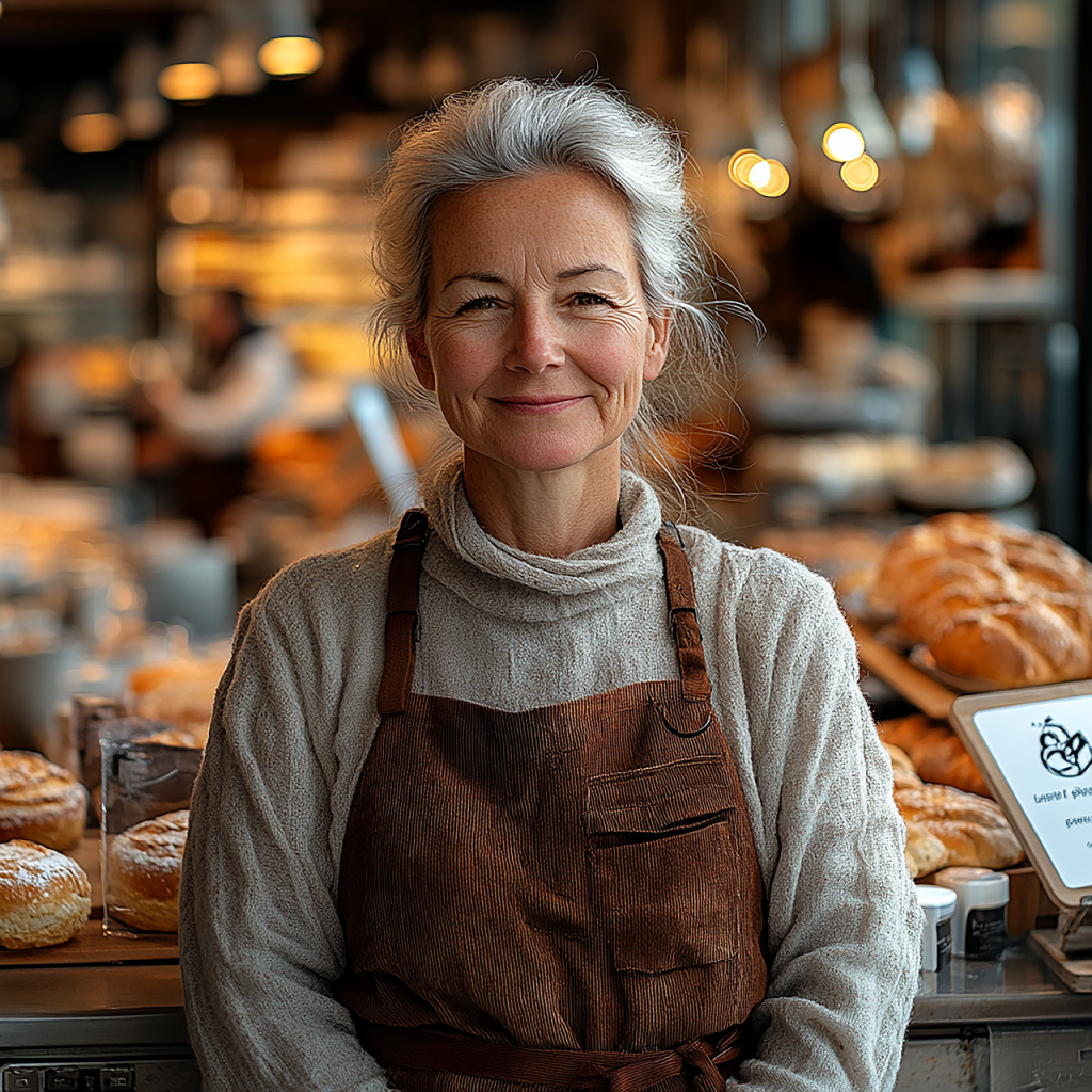 ai generated, baker, happy, owner, craft, bread, shop, woman, portrait, smiling, businesswoman, successful, entrepreneur, career, seasoned, older, female